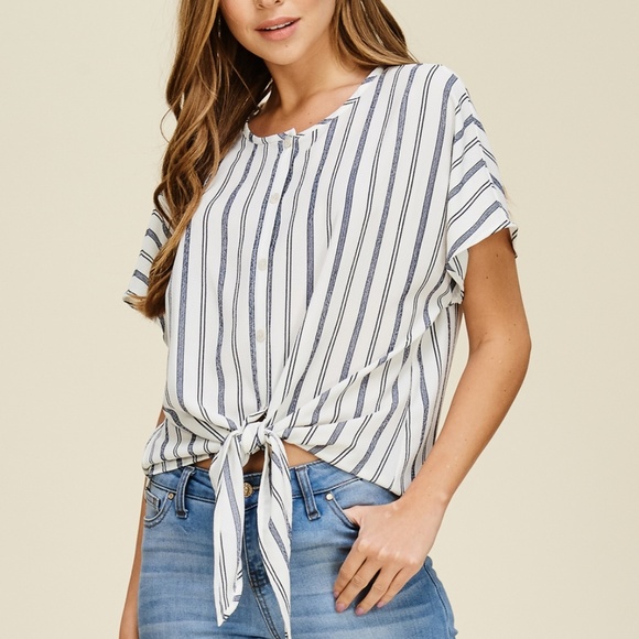 Off White + Navy Striped Knot Front Tie - Picture 3 of 5